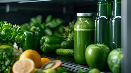 A vibrant assortment of fresh green vegetables and healthy drinks in a modern refrigerator, creating a refreshing and nutritious atmosphere.