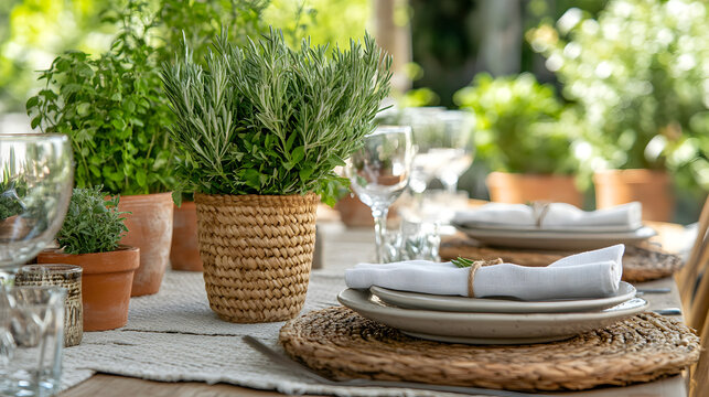 outdoor table setting with woven placemats, soft linen napkins, and a centerpiece of fresh herbs in rustic pots 
