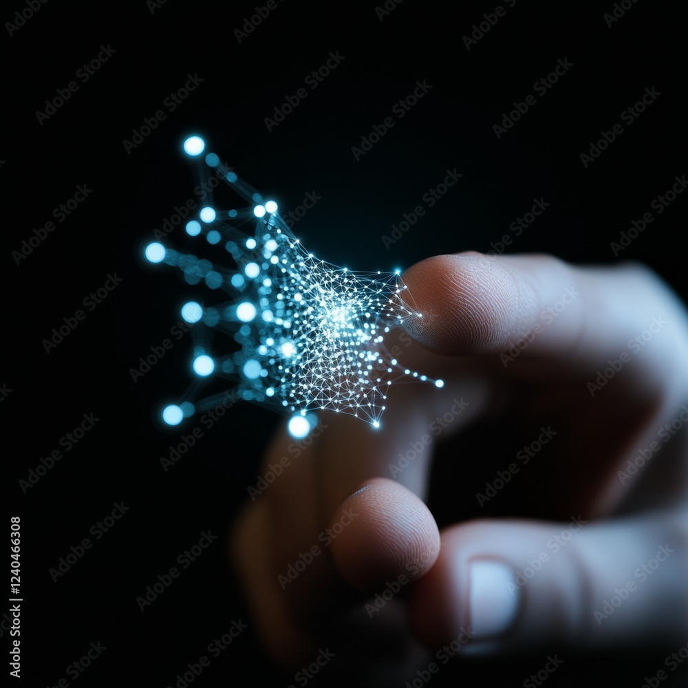 Poster Futuristic Digital Transformation Human Hand Engaging with Virtual Network Interface - Interactive Tech Display for Innovative Business Solutions and Data-Driven Marketing
