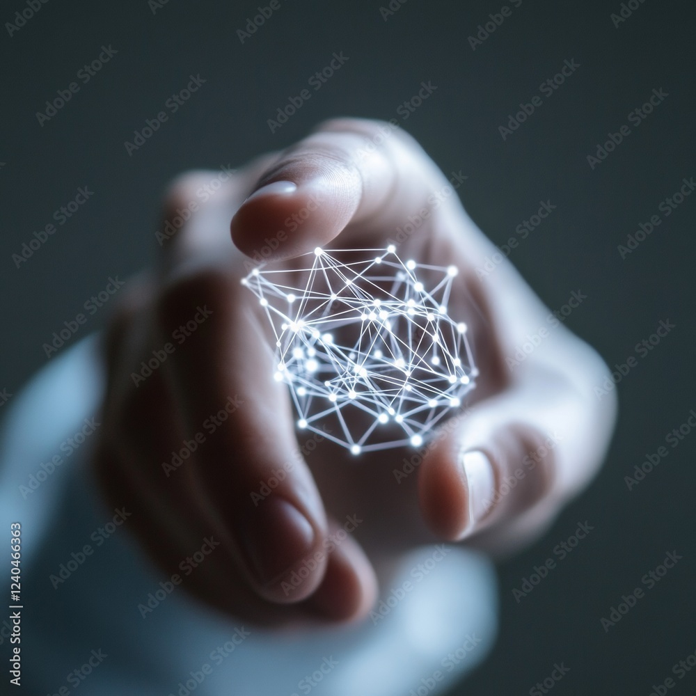 Aufkleber Futuristic Digital Interface Hand Interacting with Holographic Network Nodes - Tech Industry Visualization and Innovation for Business Growth and Data Solutions