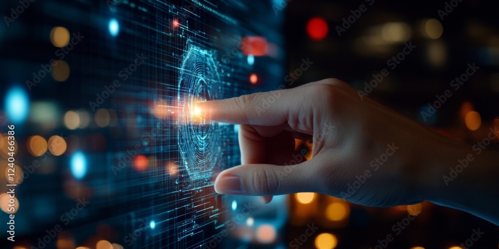 Poster Neon Tech Interface Holographic Display over Modern Keyboard - Digital Innovation and Business Solutions for Cutting-Edge Workspaces in Tech-Forward Industries