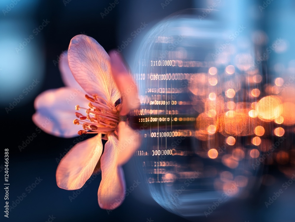 Poster Psychedelic Blossom Interface Digital Code Overlay with Floral Aesthetic - Cybersecurity Visualization for Tech Marketing and Data Encryption Awareness