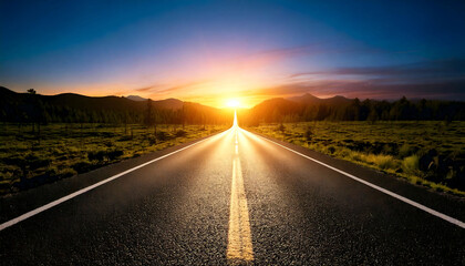 Fototapeta premium Stunning sunset over a scenic highway disappearing into the horizon. Ideal for travel, adventure, or freedom concepts. High-resolution image perfect for websites, brochures, and more.