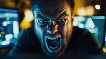 A cinematic shot of an angry man with blue eyes, looking at the camera and screaming in front of his computer screen