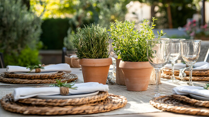 outdoor table setting with woven placemats, soft linen napkins, and a centerpiece of fresh herbs in rustic pots 