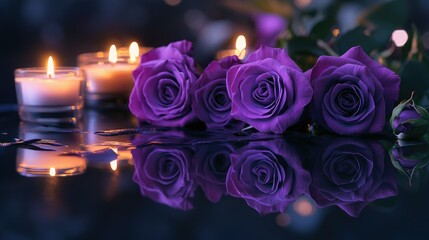 Fototapeta premium Reflective funeral scene with purple roses and candlelight on a mirrored black surface, evoking a sense of dignity and peace