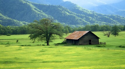 Obraz premium Scenic Rustic Barn in Lush Green Meadow with Mountain Background