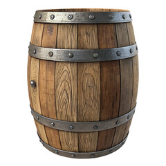 Obraz premium A classic wooden barrel with metal rings, perfect for rustic storage, decoration, or vintage designs.