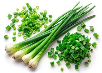 Fresh Chopped Green Onions, Chives, & Leeks Isolated on White - Top View