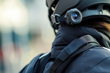 Helmet with mounted action camera on side view.