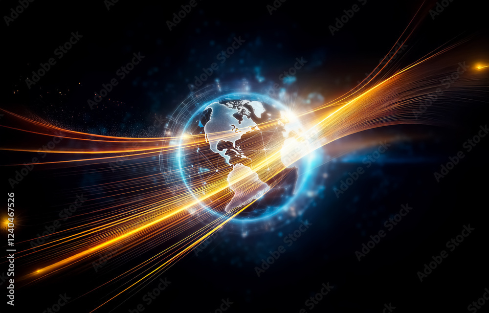 Aufkleber a glowing blue digital earth with a network of lines connected to it.