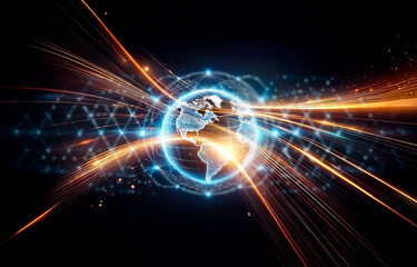 Obraz premium A glowing blue globe with continents and grid lines is surrounded by a web of connected points.