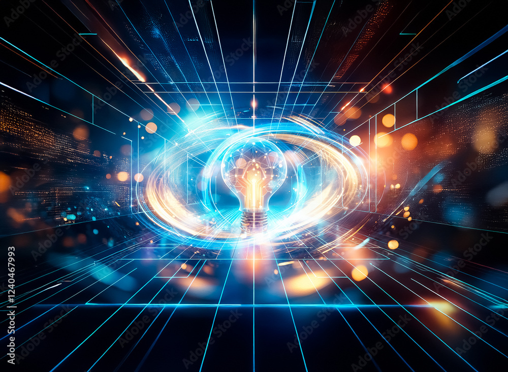 Poster A glowing lightbulb sits at the center of a futuristic, digital tunnel, radiating innovation and technological advancement.  The vibrant colors and intricate circuitry symbolize a brilliant idea withi