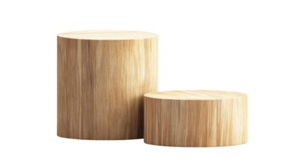 A pair of cylindrical wooden display stands of varying heights are shown against a black background.