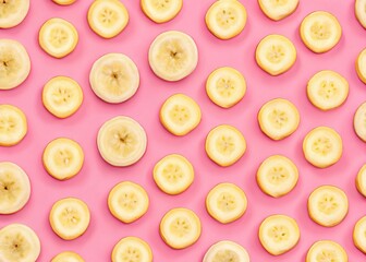 Fototapeta premium Minimalist Pastel Pink Banana Slice Pattern Background - Stock Photo