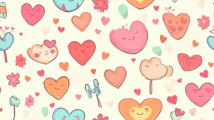 Sweet valentine couple red theme seamless pattern. A playful pattern of colorful hearts and cute characters on a light background, evoking feelings of love and joy.