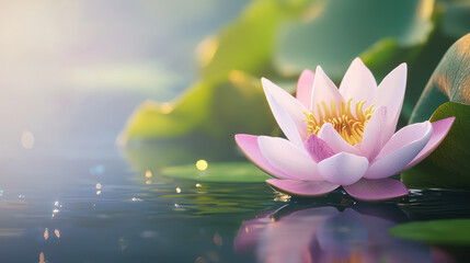 Pink water lily floats on calm water, sunlight reflecting on the surface. Green lily pads surround the flower. Soft, serene atmosphere.