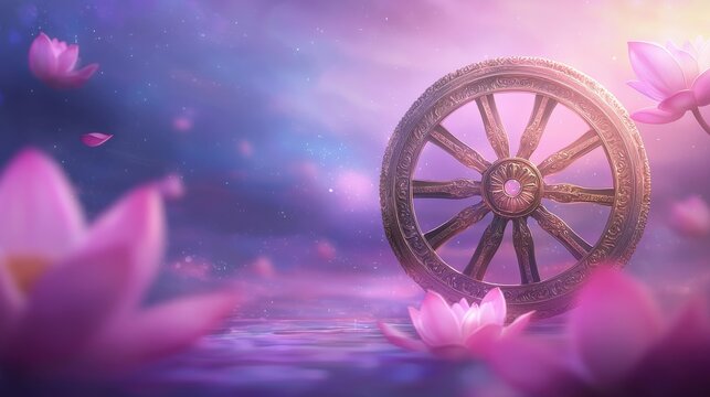 A golden dharmachakra floats on serene pink lotus filled water, surrounded by a dreamy purple and pink sky. Soft lighting enhances the peaceful atmosphere.