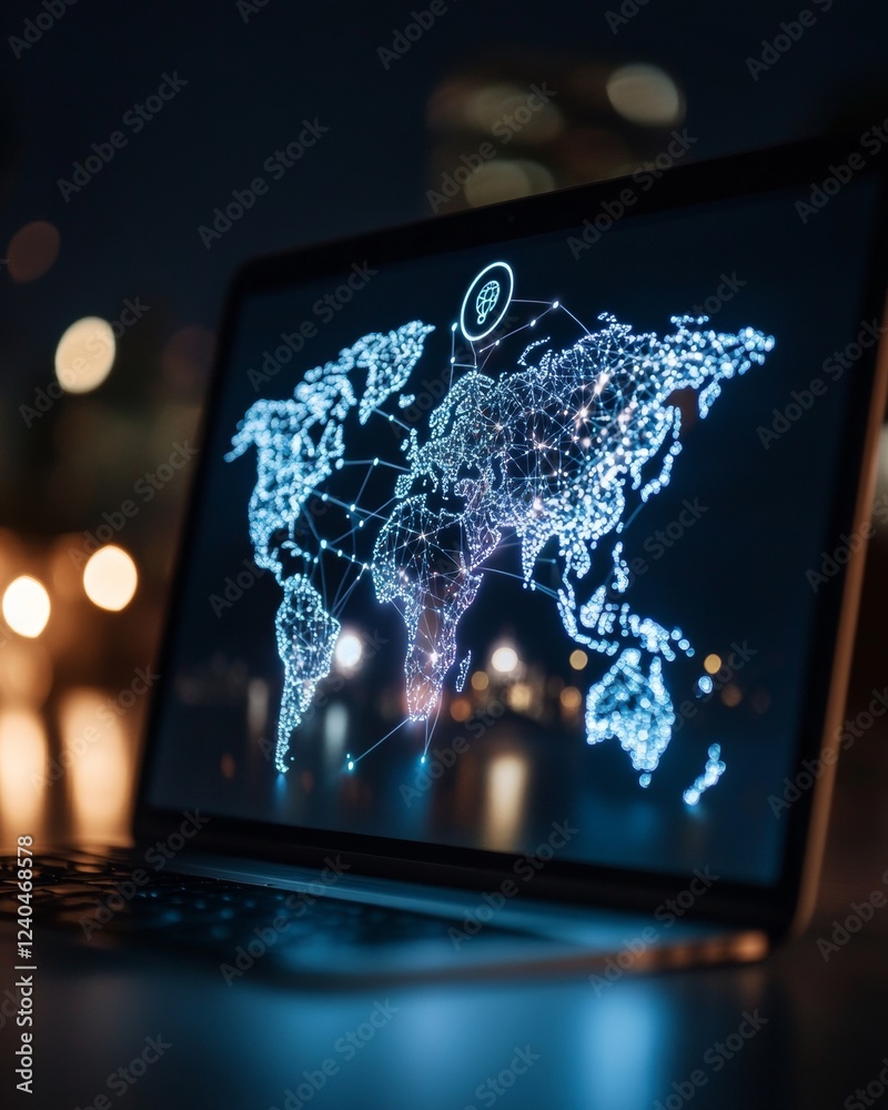 Aufkleber Dynamic Global Connectivity Visualization Digital Network Map on Sleek Laptop Display - Cutting-edge Technology for Modern Business Solutions and Real-time Data Analysis