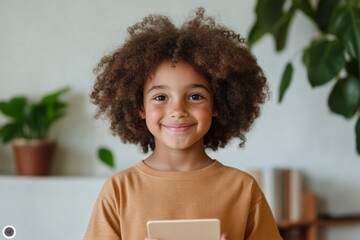 Joyful Child in Earthy-Toned Activewear with Tablet - Sustainability Trends in Educational Tech and Family-Friendly Digital Content for Diverse Learning Environments