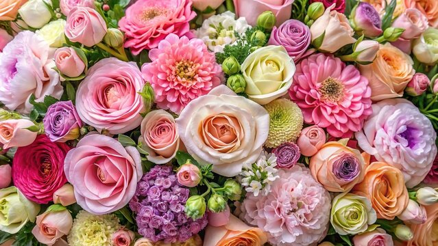 Pastel Pink Flower Delivery: Roses, Ranunculus, Carnations, Mattiola, Lilac, Eustoma Top View