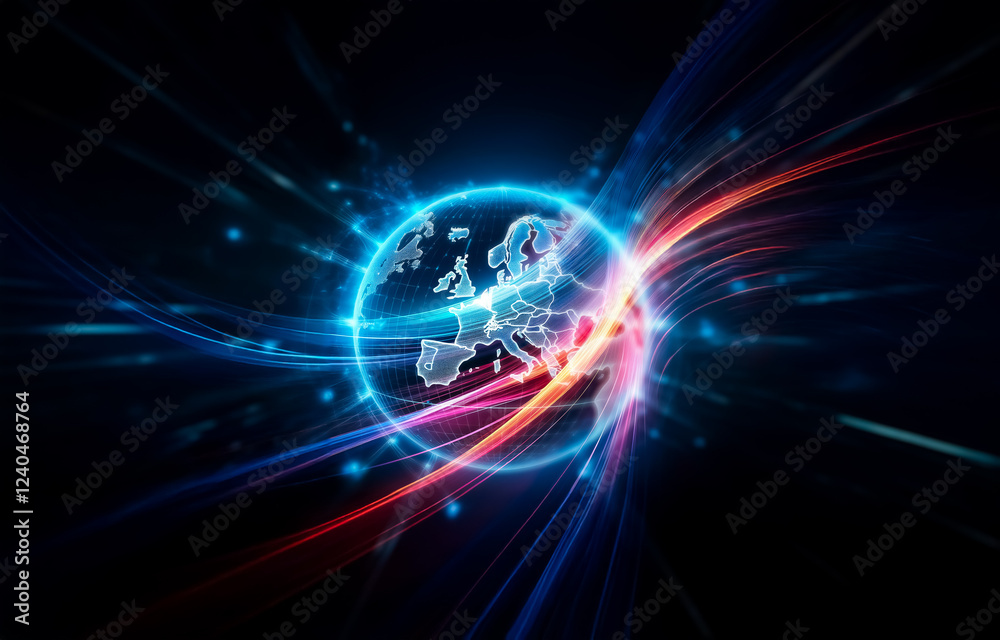 Aufkleber a blue glowing globe with a grid pattern is surrounded by blurry lines of light against a dark backg