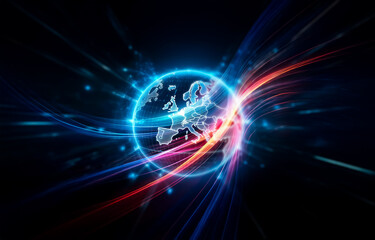 A blue glowing globe with a grid pattern is surrounded by blurry lines of light against a dark background.