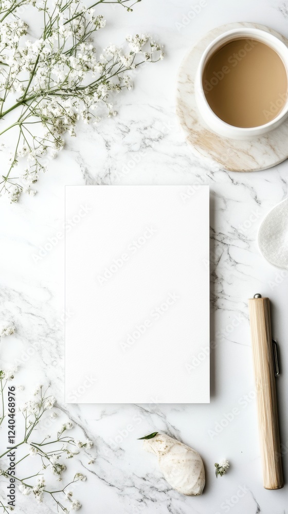 Leinwandbilder Creative workspace setup featuring an empty notepad with coffee and delicate flowers for inspiration and productivity. Generative AI