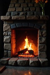 Obraz premium Burning embers in a stone fireplace with soft glow, peaceful, flames, warm