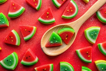 Naklejka premium Silhouette of Colorful Gummy Watermelon Candy Slices with Wooden Spoon on Red Background