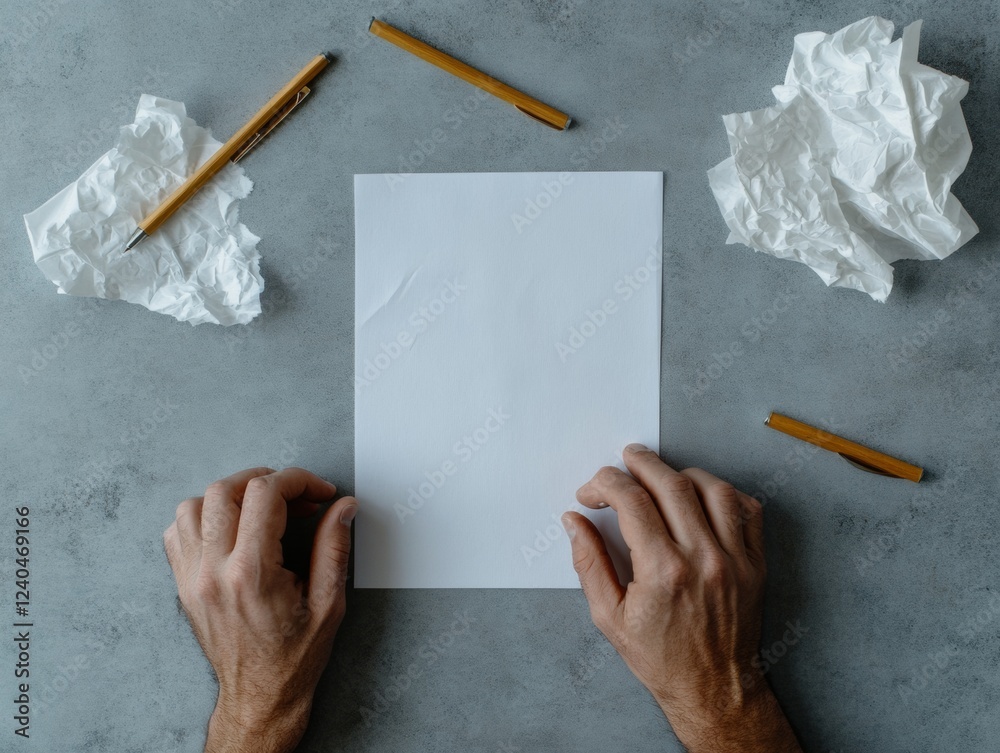Aufkleber minimalist desk setup hands on blank paper with wooden pencils and crumpled sheets - creative brains