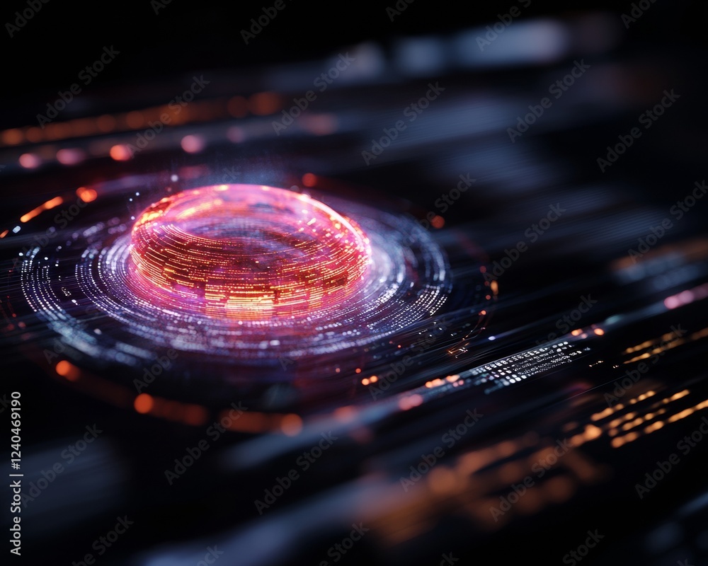 Poster Futuristic Digital Interface Neon Holographic Display on Glass - Cutting-Edge Tech Visualization and Interactive Design for Innovative Business Solutions