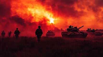  A dramatic, cinematic photograph depicts soldiers and tanks in a field, with a fiery red sky in the background. 