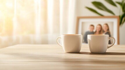 Fototapeta premium Scandinavian Minimalist Coffee Setting Sleek Ceramic Mugs on Light Wooden Table - Contemporary Home Decor and Relaxation Space for Mindful Living and Enhanced Social Experience