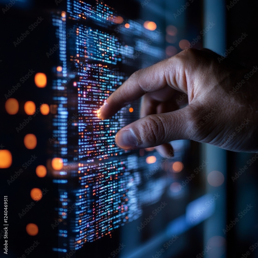 Poster Interactive Data Visualization Hand Interacting with Digital Interface of Dynamic Code for Tech Innovation in Software Development and Virtual Reality Solutions