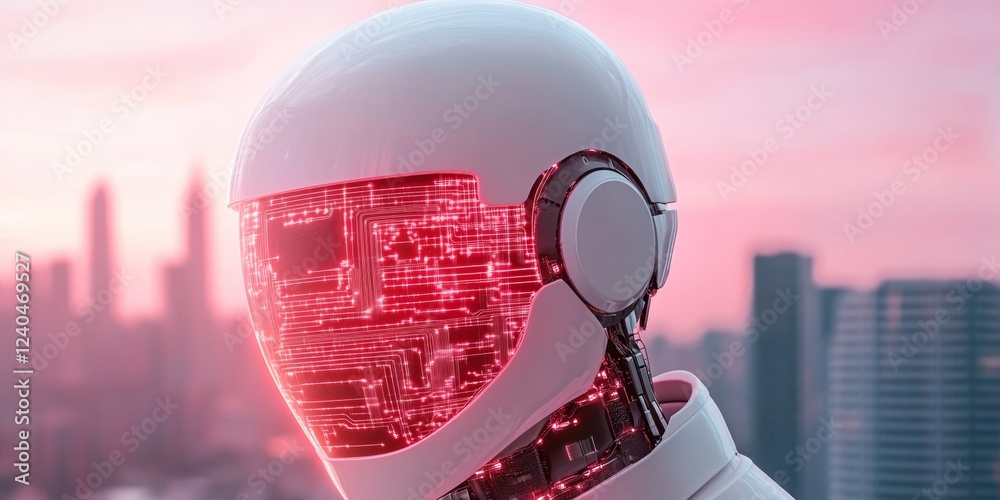 Poster Futuristic AI Design Sleek Robotic Head with Illuminated Circuitry in Urban Skyline - Cutting-edge Digital Interfaces for Tech Innovation and Modern Business Solutions