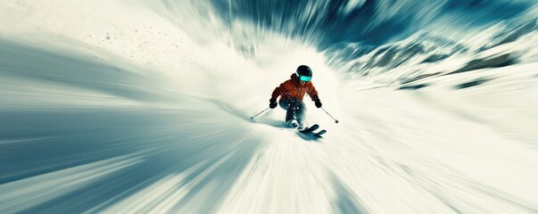 Adventurer skiing down steep snowy mountain with speed