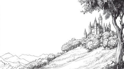 Fototapeta premium hand drawn style illustration of castle on hill surrounded by trees and mountains, evoking sense of fantasy and adventure