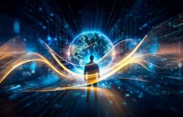 Fototapeta premium A lone figure stands before a glowing, digital earth surrounded by lines and lights.