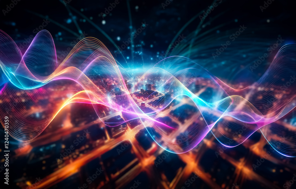 Poster a city at night with a complex web of glowing lines connecting the buildings.