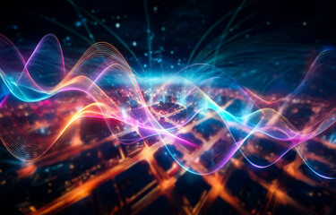 A city at night with a complex web of glowing lines connecting the buildings.