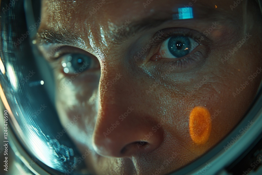 Poster Close-up of an astronaut's face reflecting determination and focus during a space mission in a high-tech environment
