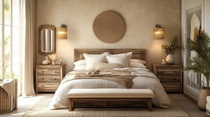 A bedroom interior in Mocha Mousse color, soft natural and ambient lighting, minimalist aesthetic.