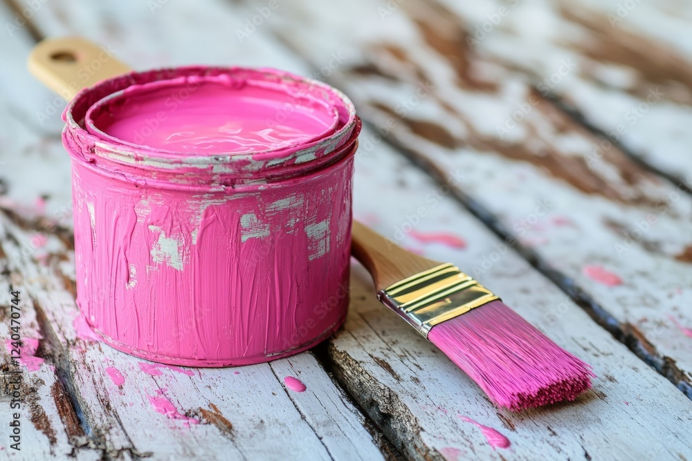 Poster bright pink paint and brush on rustic wooden surface create a lively and artistic atmosphere for cre