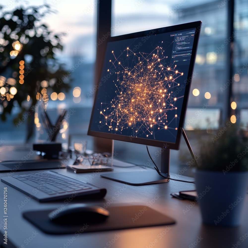 Poster Smart Office Aesthetic Illuminated Desk with Network Interface and Digital Security Symbols - Enhancing Remote Work Productivity and Cybersecurity in Professional Environments