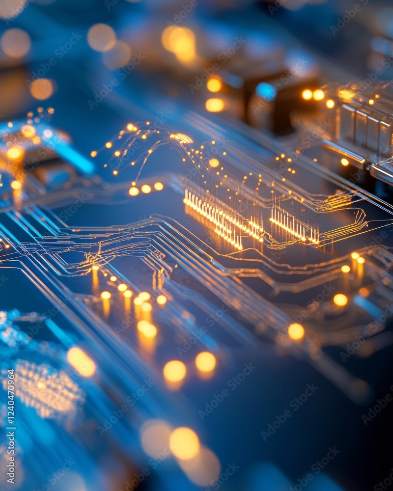Poster Neon-Tech Data Network Illuminated Circuit Pathways on Metallic Server - Advanced Cybersecurity Visuals for Modern IT Solutions and Infrastructure Enhancement