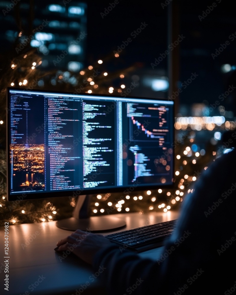 Aufkleber Nighttime Tech Office LED-Lit Programmer Workspace with Multiple Monitors on Sleek Desk - Enhancing Modern Developer Productivity and Ergonomic Design for IT Industry