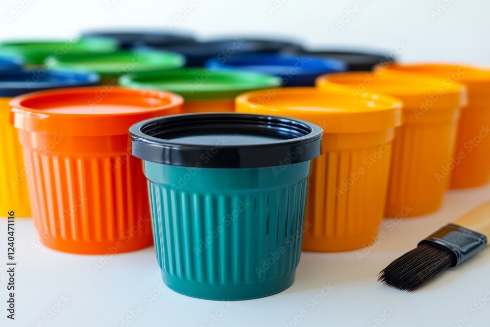 Aufkleber colorful paint containers arranged with a brush on a clean surface, showcasing a range of vibrant hu