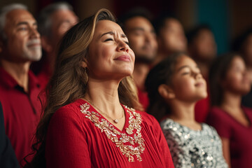 Obraz premium Diverse congregation celebrates Easter in a non-Western church. Worship, prayer, and joy fill the warm space, highlighting community and faith. Documentary style, shallow depth of field.