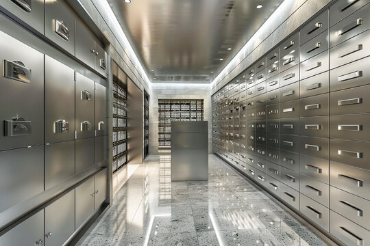 Modern bank safe deposit room with steel safety boxes lining the walls, ensuring secure asset storage.
